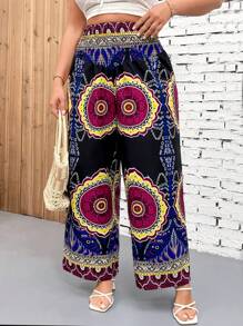 Breezaya Pantalones anchos vintage elegantes de talla grande para ir al trabajo, de cintura elástica, con estampado floral retro, adecuados para primavera, verano y otoño