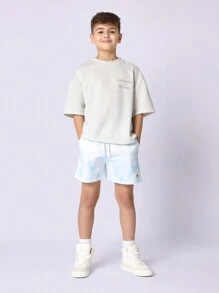 SUMWON Bộ quần áo ngắn phối hợp cho bé trai mùa một Áo nỉ in logo New York kèm quần short nhuộm loang Bộ trang phục thường ngày mùa hè thể thao - Nhiều màu - Xem 1