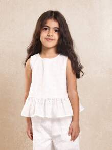 SUMWON Mädchen Sommer Lochstickerei Zweiteiler mit Peplum ärmelloser Bluse und weiter Hose, Urlaubsoutfit für Strand, Party im Frühling - Weiss - Übersicht 3