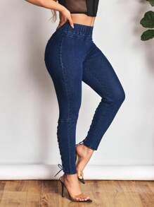 SHEIN SXY 美式女式牛仔裤，夏季新款松紧腰带搭配抽绳设计，修身紧身裤腿