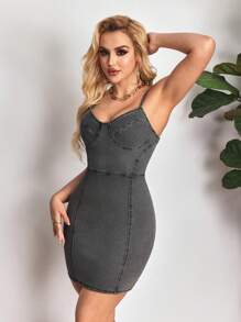 SHEIN Unity Women's Slim-Fit Casual Short Denim Dress With Spaghetti Strap - Grey - View 4