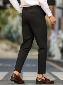 Manfinity Mode Plus Size Men's Plain Front Button Pocket Casual Suit Pants - Black - View 2