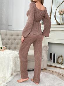 2pcs Women Lace Patchwork Square Neck Sleepwear Pajama Set , Fall Winter Clothes - Dusty Pink - View 2