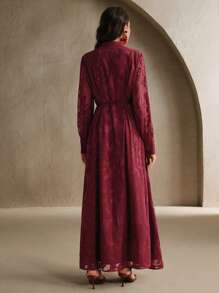 Anewsta Going Out Small Stand Collar V-Neck Lantern Long Sleeve Semi-Sheer Cinched Waist Floral Fabric Elegant Modern Long Dress Women Thanksgiving Outfit Christmas Theme Festival Spring Outfits For Women Vacation Outfits Woman - Burgundy - View 7