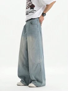 GALLERY FADE Quần Jeans Ống Thẳng Rộng Màu Xanh Nhạt Vintage Cho Nam - Rửa nhẹ - Xem 3