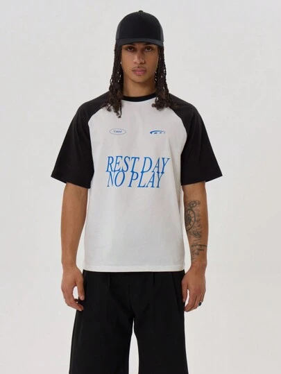 Musero Oversized Short Sleeve Crew Neck Contrast Colourway Sleeve Detailing Graphic "REST DAY NO PLAY" Print Tshirt Top Spring Summer Essentials