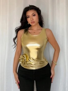 SHEIN Unity 女士花卉刺绣背心，简约时尚休闲日常穿着 - 香檳色 - 查看 6