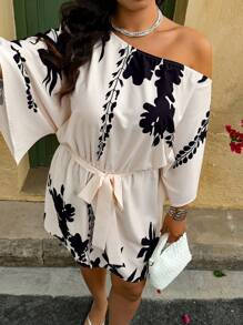 SHEIN Clasi Plus Size Boho Casual Vacation Floral Print Asymmetric Neck Dress, For Summer - Multicolor - View 5