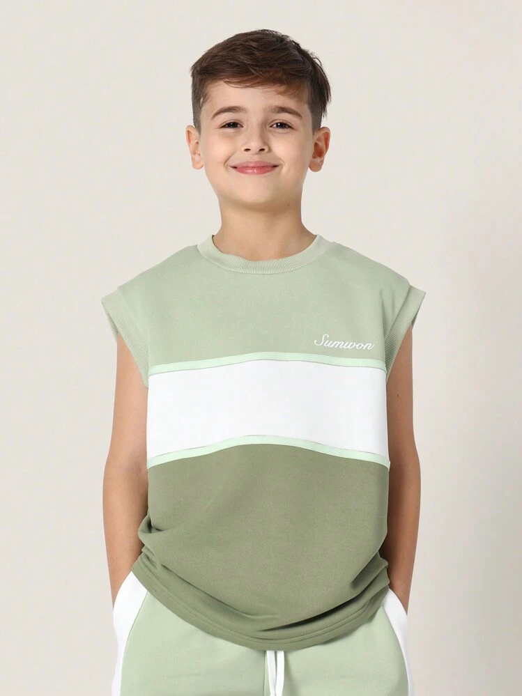 Conjunto de Regata e Shorts Esportivos Bicolor SUMWON, Conjunto de Treino de Verão Infantil Masculino, Roupa de Basquete e Corrida sem Mangas, Conjunto de Roupas para Férias - Verde - Visão 3