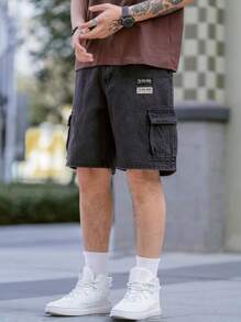 Manfinity Homme 男士休闲牛仔阔腿短裤带口袋标签装饰 - 黑色 - 查看 8