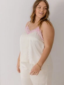 Aralina Plus Size Curve Satin Lace Trim Valentines Shirred Front Silky Cami With Scrunchie For Summer