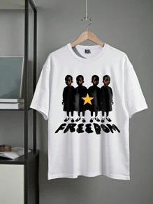 Manfinity Hypemode Expect Freedom With Four Children's Oversized Pattern Printed Knitted Short-Sleeved Lapel Shirt, Suitable For Friends, Boyfriends As Gifts T Shirt Graphic Tshirts Graphic T Shirts Graphic Men T Shirts Men Graphic
