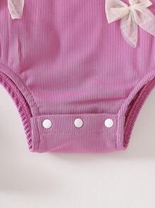 Souflis Souflis Baby Girls' Korean Style Cute Car Pattern With Ruffle Collar & Bowknot, Purple Ribbed Bodysuit, Summer - Purple - View 7