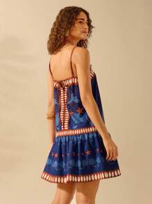 CAJUNI Women's Boho Style Star, Flower, Bird & Plant Print Spaghetti Strap Back Tie Short Casual Beach Summer Dress - Multicolor - View 3