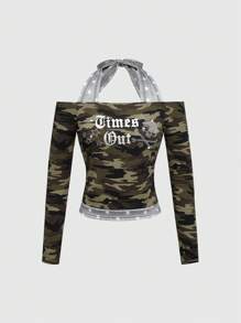 ROMWE Avant Y2K Harajuku Edgy Halter Off Shoulder Skeleton Rhinestone Gothic Graphic T-Shirt For Women