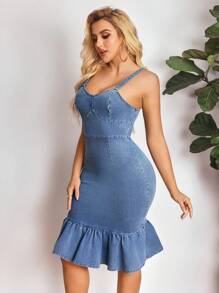 SHEIN SXY Sexy Body-Hugging Fishtail Denim Midi Dress, Summer New Sleeveless Adjustable Strap Elastic Fitted Slimming Women Denim Dress - Blue - View 6