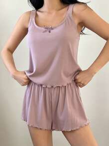DAZY Ribbed Knit Wave Hem Camisole & Shorts Pajama Set - Purple - View 6