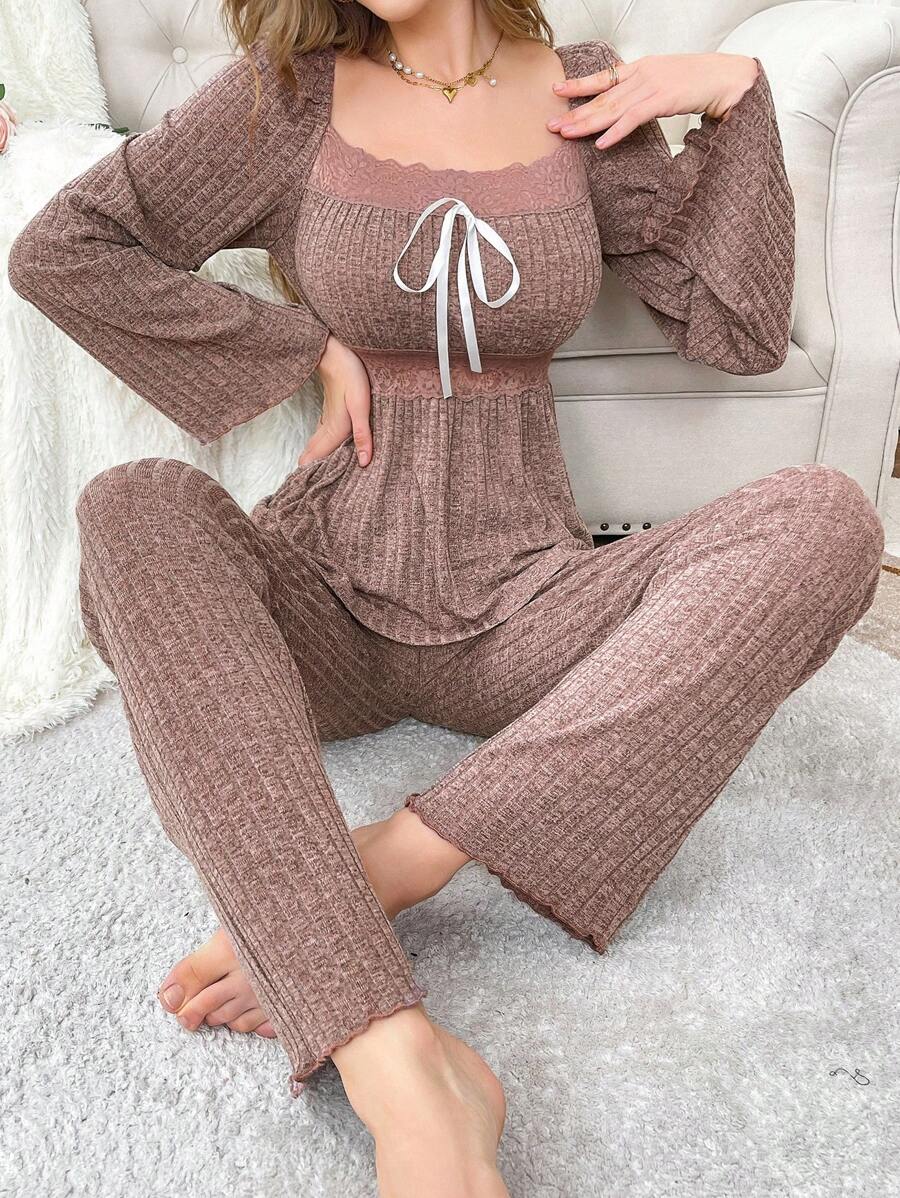 2pcs Women Lace Patchwork Square Neck Sleepwear Pajama Set , Fall Winter Clothes - Dusty Pink - View 1