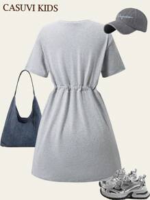 SHEIN Explorewe 1 件女童学院风针织舒适短袖腰可调节连衣裙，全新夏季系列 - 灰色 - 查看 2