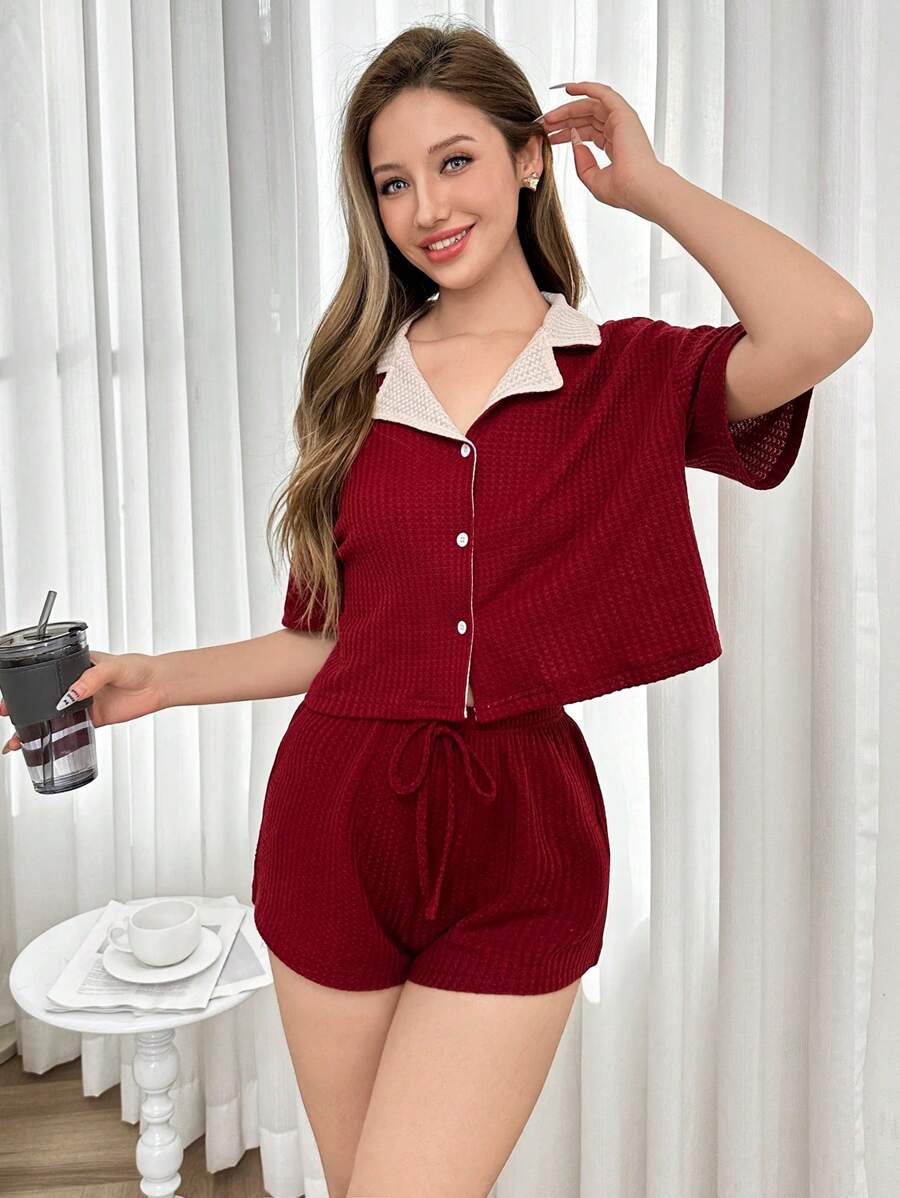 Dream Adore 2pcs Women Two-Piece Color Block Red Collar Loungewear Set
