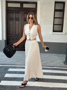 SHEIN Unity 2pcs Women Set: Elegant V-Neck Sleeveless Vest With Single-Breasted Design & Ruffle Hem, Casual French Style - Apricot - View 3