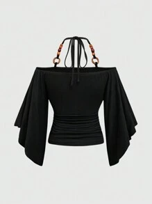ROMWE Hippie Gyaru Vintage Oversized Off Shoulder Wooden Bead Decor Flounce Sleeve Women T-Shirt, Black Top