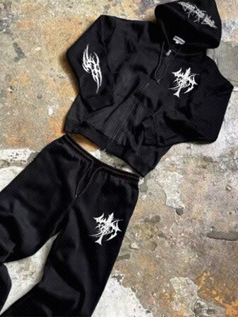 Manfinity Dauomo 男士街头十字印花连帽夹克套装搭配运动裤，春秋季休闲装