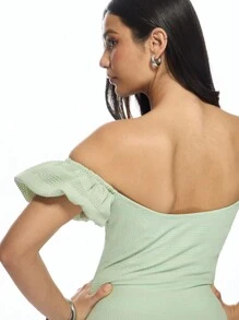 MISSGUIDED 条纹迷你连衣裙，露肩泡泡袖荷叶边下摆，适合夏季春季派对、海滩度假、圣诞节等场合，修身设计，前系带。 - 綠色 - 查看 6