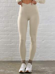 Musera Sport 交叉腰部修身塑形运动紧身裤 夏季健身房健身 秋季瑜伽普拉提日常休闲 - 奶油色 - 查看 2