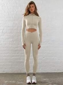 Musera Sport 拉链高领短款运动上衣外套，适合板式网球、网球、匹克球、健身房、瑜伽、普拉提、日常休闲穿着。 - 奶油色 - 查看 4