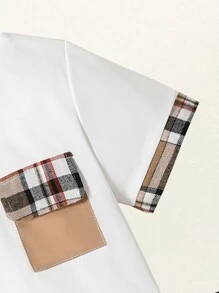 SHEIN 2 stuks/set peuterjongens casual campus geruit patchwork korte mouwen T-shirt met bijpassende geruite shorts, losse pasvorm, geschikt voor dagelijks gebruik in de zomer
