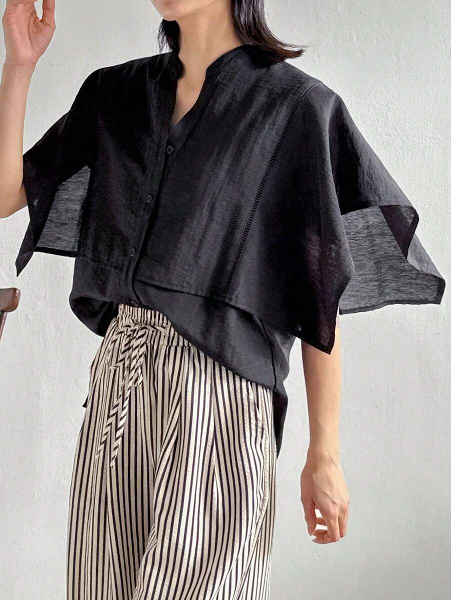 FRIFUL Women's Black Loose Shirt With Sleeve Design, Business Casual Summer Wear Linen - Black - View 1