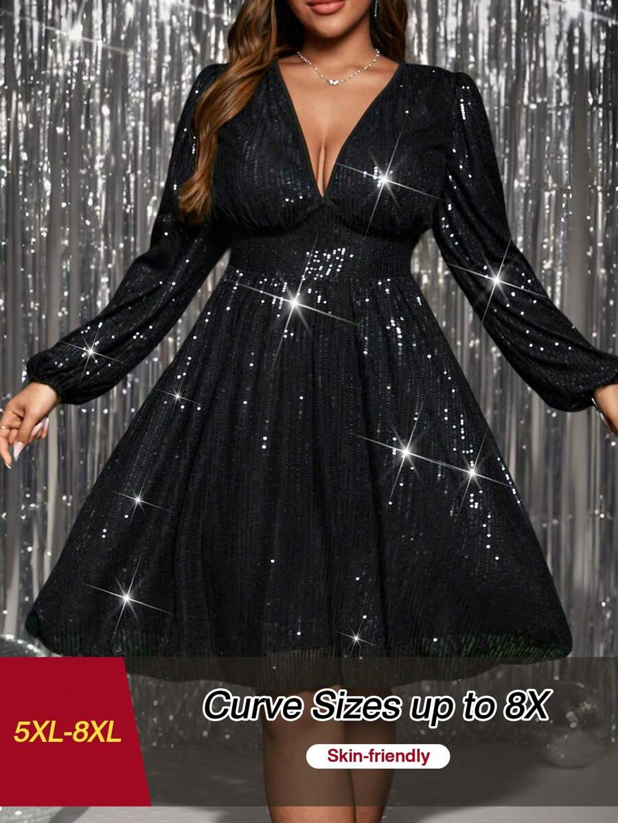 SHEIN CURVE+ Vestido de fiesta negro sencillo con volantes y lentejuelas para tallas grandes