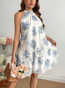 SHEIN Clasi Plus Size Crew Neck Sleeveless Allover Print Casual Short Dress - Blue - View 6