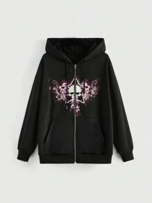 ROMWE Grunge Punk Skull Pattern Zip-up Hoodie Jacket - Black - View 1