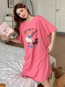 DAZY 卡通印花宽松短袖女士睡袍睡衣
