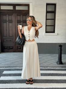 SHEIN Unity 2pcs Women Set: Elegant V-Neck Sleeveless Vest With Single-Breasted Design & Ruffle Hem, Casual French Style - Apricot - View 4