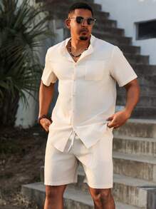 Manfinity RSRT Plus Size Men's Casual Shirt & Shorts Set, Minimalist & Stylish For Daily Wear