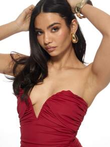 MISSGUIDED 褶皱抹胸迷你连衣裙 无肩带紧身派对夜店V领晚宴舞会婚礼宾客短裙 - 酒紅色 - 查看 4