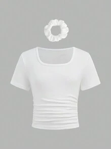 SHEIN Sparklyn Holiday,Summer,TravelBuy 1 Get 1 Tween Girl White Crew Neck T-Shirts With Hairbands, Casual Elegant Fitted Short Sleeve Tops, Spring/Summer/Autumn - White - View 1