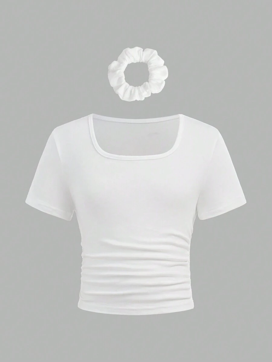 SHEIN Sparklyn Holiday,Summer,TravelBuy 1 Get 1 Tween Girl White Crew Neck T-Shirts With Hairbands, Casual Elegant Fitted Short Sleeve Tops, Spring/Summer/Autumn - White - View 1