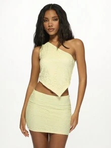 MISSGUIDED Lace Two-Piece Set One Shoulder Crop Top Mini Skirt Party Club Evening Special Occasion Summer Spring Resort Wear Co-Ord Set - Yellow - View 7