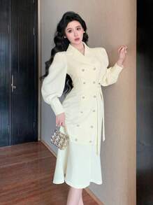 DAZY Vestido midi liso con mangas abullonadas y escote en V, para mujer, con volantes, vestido largo de manga larga para otoño