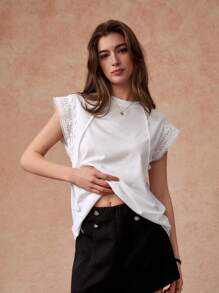 Écloséra Women Casual Loose T-Shirt With Lace Cuff & Distressed Decor, Round Neck