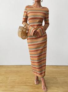 Breezaya Regenbogenmuster Häkel-Optik Maxikleid