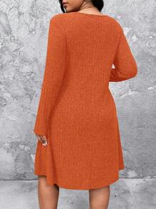 SHEIN LUNE Plus Size Crew Neck Long Sleeve Button Casual Short Dress