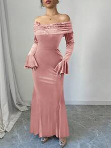 Modelyn Velvet Patchwork Splice Off Shoulder Fitted Dress For Women For New Year Clothes Fall Cloth For Women - Pink - View 4