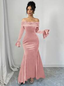 Modelyn Velvet Patchwork Splice Off Shoulder Fitted Dress For Women For New Year Clothes Fall Cloth For Women - Pink - View 7