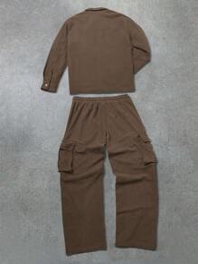 Manfinity Homme Conjunto de 2 piezas de camisa de manga larga con bolsillo de unicolor casual y pantalones largos para hombre
