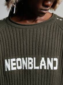 NEON BLANC Men's Street Style Letter Jacquard Crew Neck Sweater, Long Sleeve, For Fall Winter